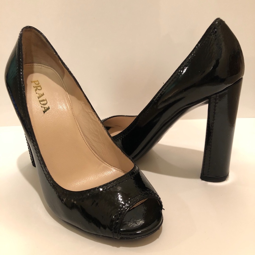 PRADA Patent Leather Pumps - Black, Open-Toe